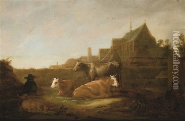 A Herdsman And Cows In A Field Oil Painting - Aelbert Cuyp
