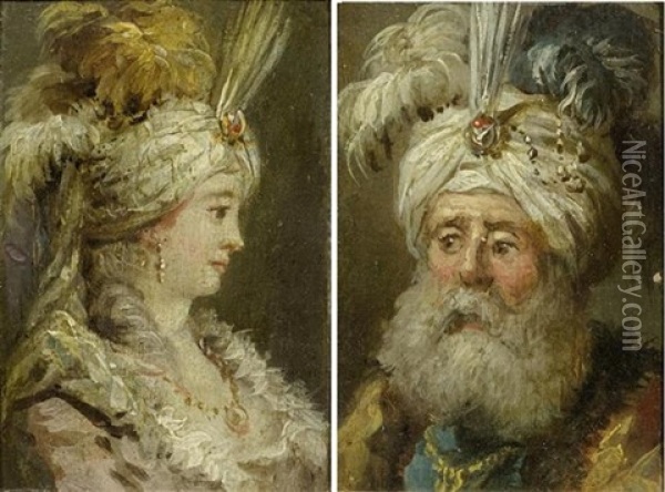 Portrat Einer Dame Und Eines Bartigen Mannes Mit Turban Und Federn (pair) Oil Painting - Jean-Baptiste Leprince
