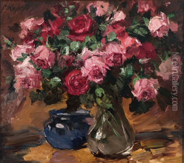 Stilleben Mit Rosenstrausen In Zwei Vasen Oil Painting - Paul Kapell