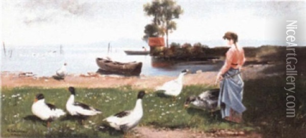 The Goose Girl Oil Painting - Alfred Schoenian