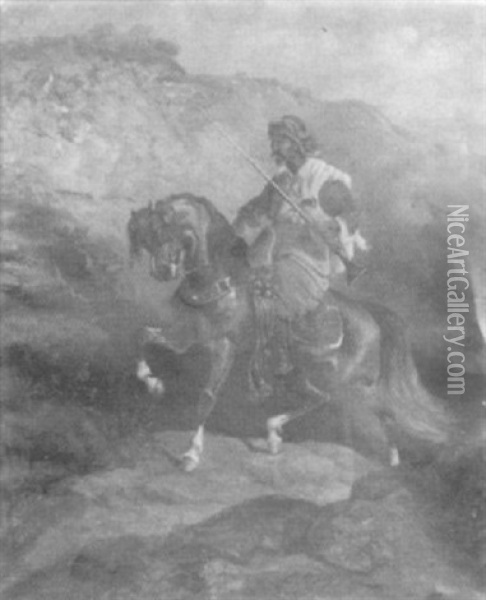 Mounted Arab In A Rocky Landscape Oil Painting - Scott Leighton