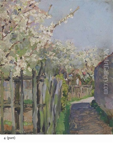 Trees In Blossom; Garden; A Pier (3 Works) Oil Painting - Maria Vasilevna Jakunchikova