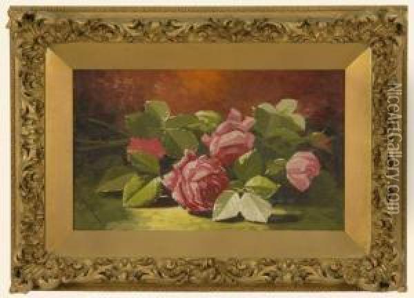 Still Life With Pink Roses. Oil Painting - Edward Chalmers Leavitt