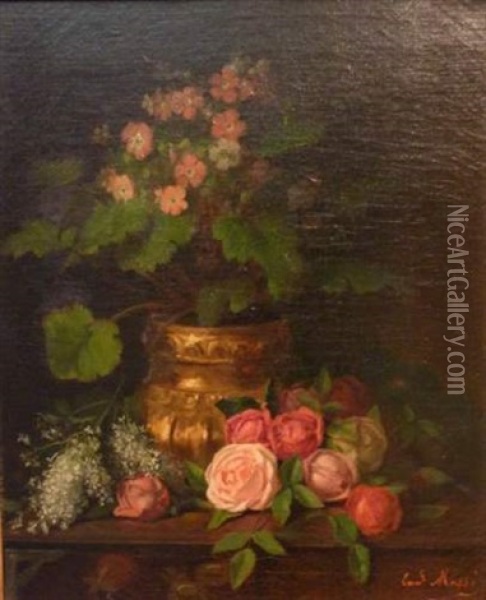 Bouquet De Fleurs Sur Entablement Oil Painting - Emmanuel Auguste Masse