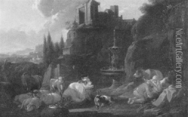 Vor Einem Romischen Brunnen Lagern Hirten Mit Ihren Tieren Oil Painting - Johann Heinrich Roos