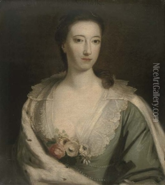 Portrait Of A Lady (mary, Duchess Of Norfolk?) In A Green Dress With Lace Trim, Flowers Attached To The Bodice, And An Ermine Cloak Oil Painting - William Doughty