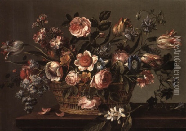 Still Life Of Roses And Other Flowers In A Basket On A Stone Ledge Oil Painting - Mario Nuzzi