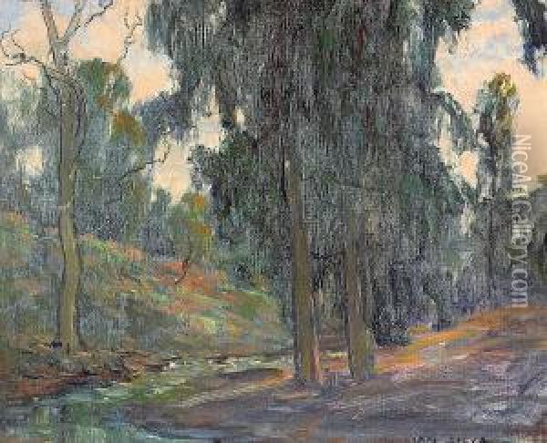 Eucalyptus By A Stream (no.1347) Oil Painting - William Posey Silva