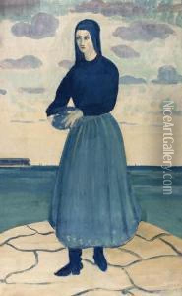 An Peasant Girl By A Jetty Oil Painting - James Dickson Innes