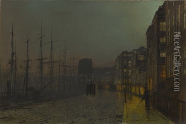 Clyde Shipping, Wet Moonlit Night Oil Painting - John Atkinson Grimshaw