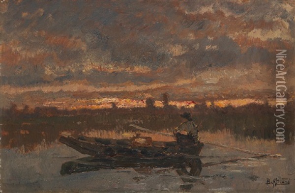 Pescatore Al Tramonto Oil Painting - Beppe Ciardi