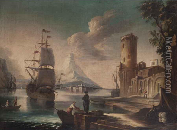 Paesaggio Con Nave, Figure E Torre D'avvistamento Oil Painting - Paolo Maria Antoniani