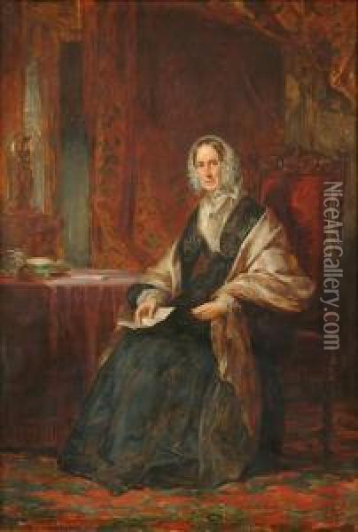 Portrait Of A Ladysaid To Be Mrs
 James Mackenzie Of Craigpark Full Length, Seated Ata Table Oil Painting - Daniel Macnee