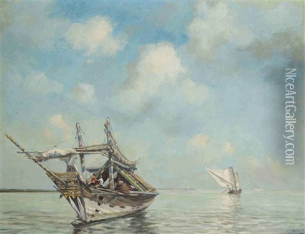 Junks Before The Coast Oil Painting - Carel Lodewijk Dake the Younger