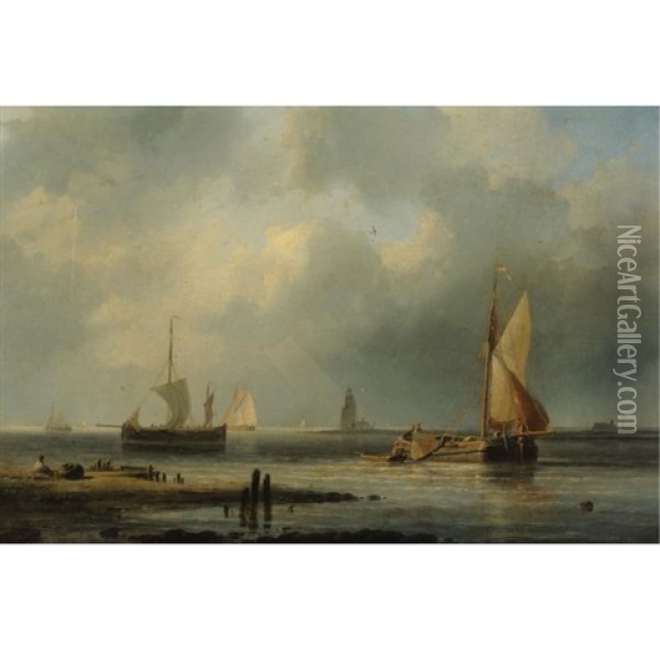 Sailboats In Harbor (+ Fisherboats In A Calm, Smllr; 2 Works) Oil Painting - Abraham Hulk the Elder