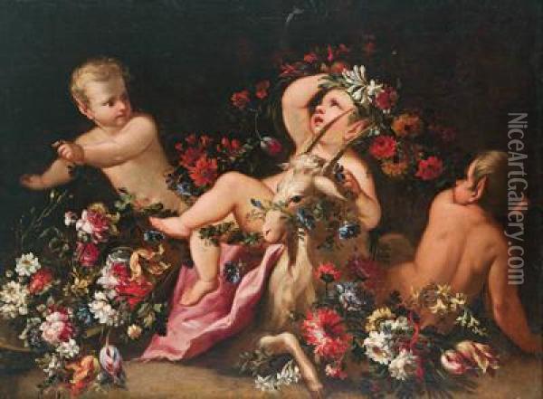 Natura Morta Di Fiori E Putti Oil Painting - Nicola Malinconico