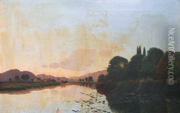 River Landscape With Cattle Watering, Possibly The Thames Oil Painting - Edwin Henry Boddington