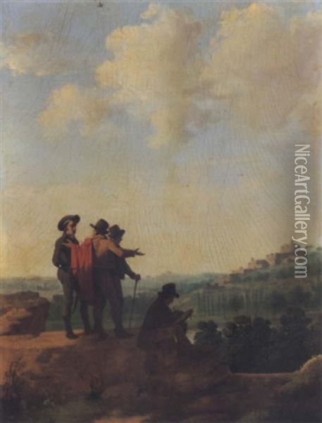 Three Men Conversing And An Artist Drawing A Landscape Oil Painting - Michel Martin Drolling