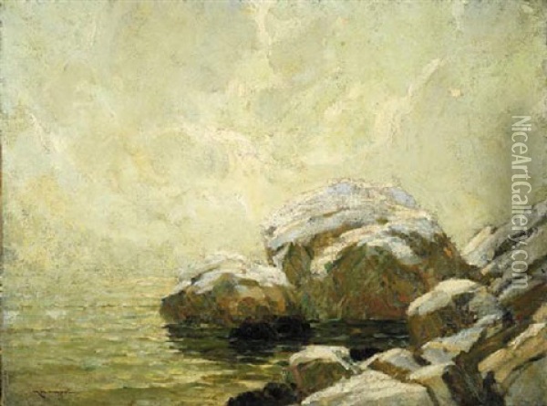 Seascape With Rock In Winter Oil Painting - Frederick J. Mulhaupt