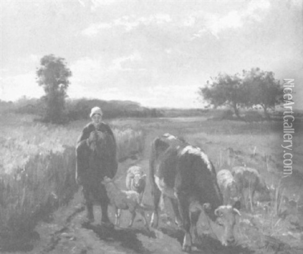 Eine Bauerin Mit Kuhen Und Schafen Auf Einem Feldweg Oil Painting - Aymar (Aimard Alexandre) Pezant