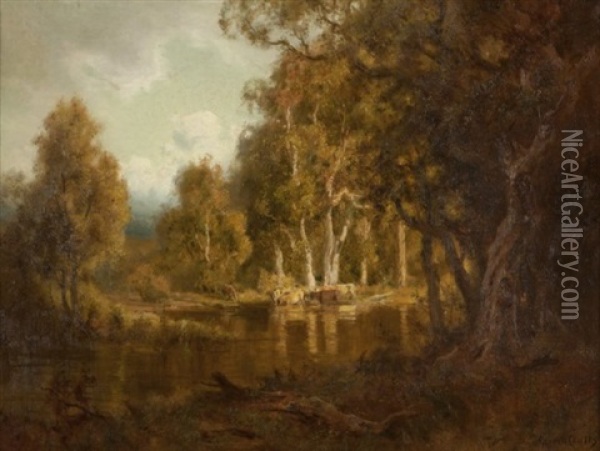 Cattle Watering Near A Woodland Pond Oil Painting - Gordon Coutts