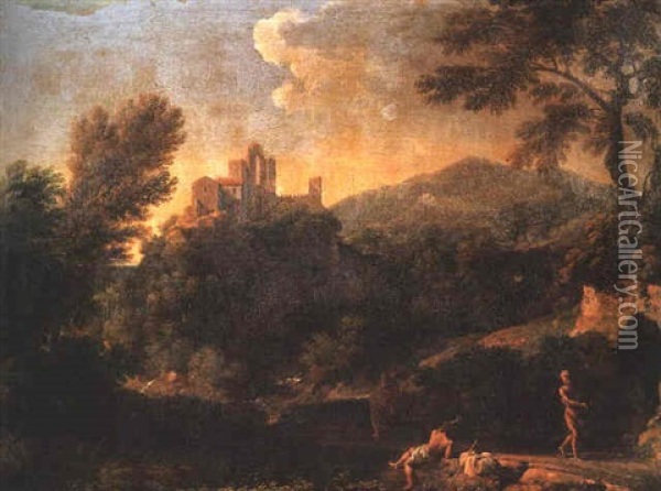 A Classical Italianate Landscape With Three Figures On A Path, A Citadel Beyond Oil Painting - Gaspard Dughet