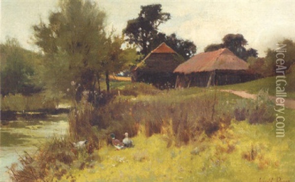 Ducks By A Pond With Farm Buildings Beyond Oil Painting - Leopold Rivers