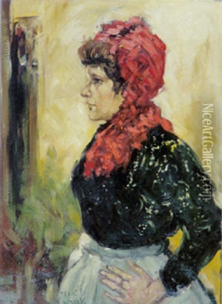 Portrait Of A Lady With A Red Scarf Oil Painting - Isaac Israels