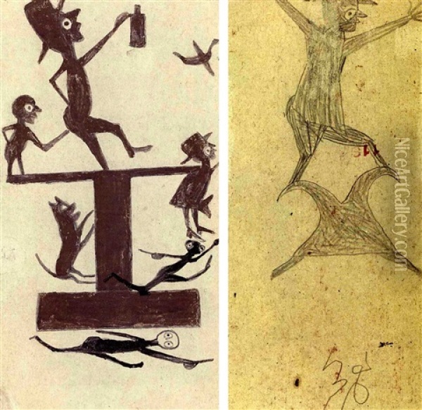 Drinking Men On Platform -the Exciting Event (+ Man In A Hat Leaping And Gesticulating Over A Shaped Kite Or Bird, Pencil, Verso) Oil Painting - Bill Traylor