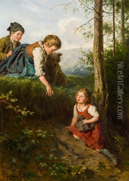 Drei Kinder Im Wald Beim Beerenpflucken Oil Painting - Felix Schlesinger