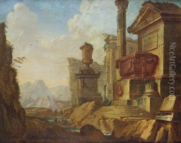 Capricho Arquitectonico Con Sarcofago Oil Painting - Giovanni Paolo Panini