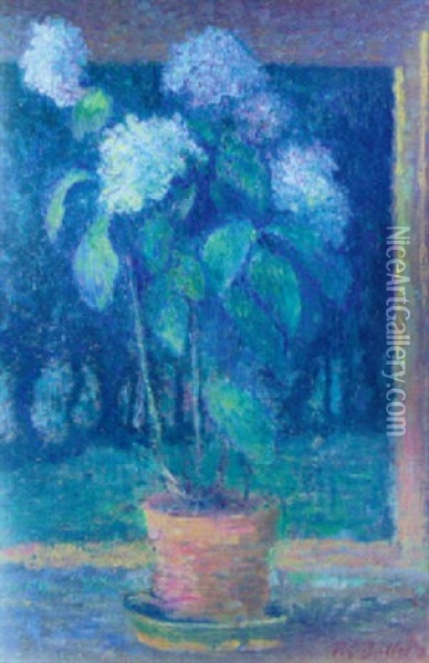 Potted Hydrangeas By The Window Oil Painting - Theodore Earl Butler