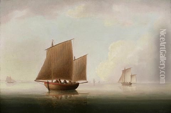 Becalmed With A British Lugger In The Foreground And Other Shipping In The Distance Oil Painting - Thomas Buttersworth