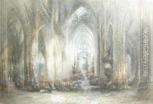 Antwerp Cathedral; An Interior Withmany Figures Oil Painting - Wyke Bayliss