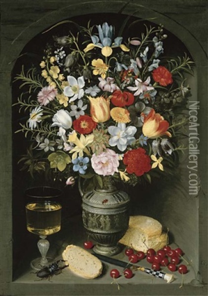 Irises, Tulips, Anemone, Snake's Head Fritillaria, Lilies, Columbine, Narcissus, Carnations, Turk's Cap Lilies, Violets, And Other Flowers In A Pewter Jug With A Glass Goblet Of White Wine Oil Painting - Georg Flegel