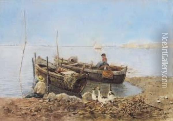 Laguna Con Barche E Figure Oil Painting - Vincenzo Caprile
