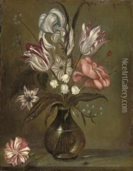 Parrot Tulips, A Rose, Irises And Other Flowers In A Glass Vase Ona Stone Ledge Oil Painting - Jacob Marrel