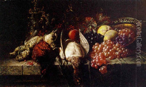 Pheasants, Woodcock, A Tankard And Fruit On A Table Oil Painting - Rene Groenland