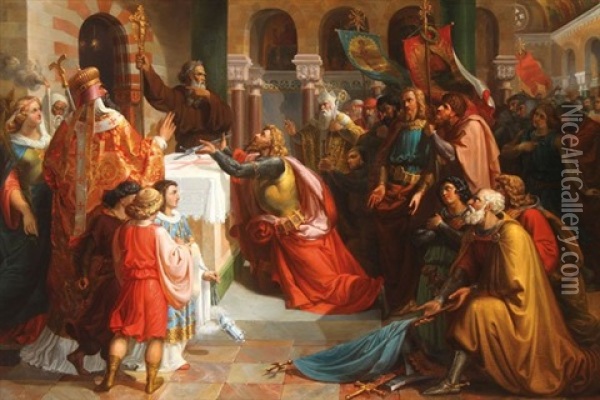 Godfrey Of Bouillon Dedicates His Sword To The Saviour Before An Altar Oil Painting - Karl Schoenbrunner