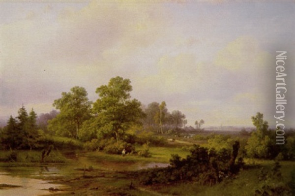 Waldlandschaft Mit Einem Hirten Am Teich, In Der Ferne Eine Ortschaft Oil Painting - Pieter Lodewijk Francisco Kluyver