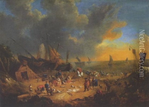 Elegant Figures Inspecting The Catch On A Beach With Sailing Barges And Shipping Beyond Oil Painting - Lucas Smont the Younger