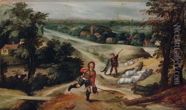 Berger Criant Au Loup Oil Painting - Marten van Cleve the Elder