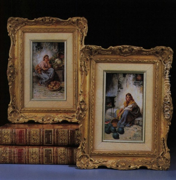 Marktfrau (+ Another; Pair) Oil Painting - Francois Maurice Reynaud