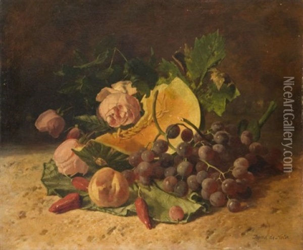 Composition Aux Raisins, Melon Et Aux Roses Oil Painting - David Emile Joseph de Noter