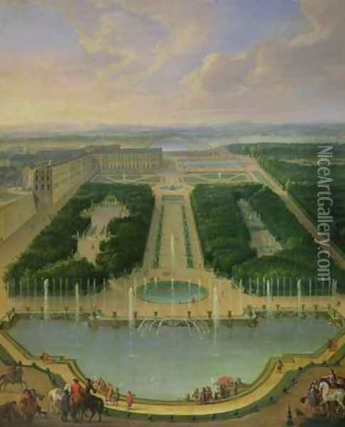 Perspective view of the chateau of Versailles seen from the Neptune Fountain 1696 Oil Painting - Jean-Baptiste Martin