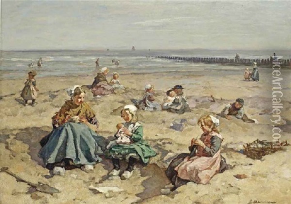 A Summer's Day At The Beach, Scheveningen Oil Painting - Johannes Evert Hendrik Akkeringa