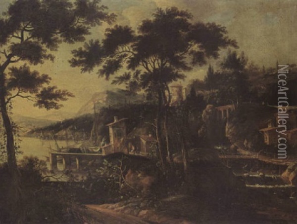 A Rhenish River Landscape With A Village Near The Shore Oil Painting - Willem Van Bemmel