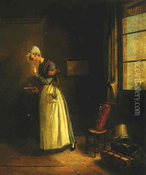 A Female Servant Standing At The Door Of A Bedchamber Oil Painting - Anne Nicole Voullemier