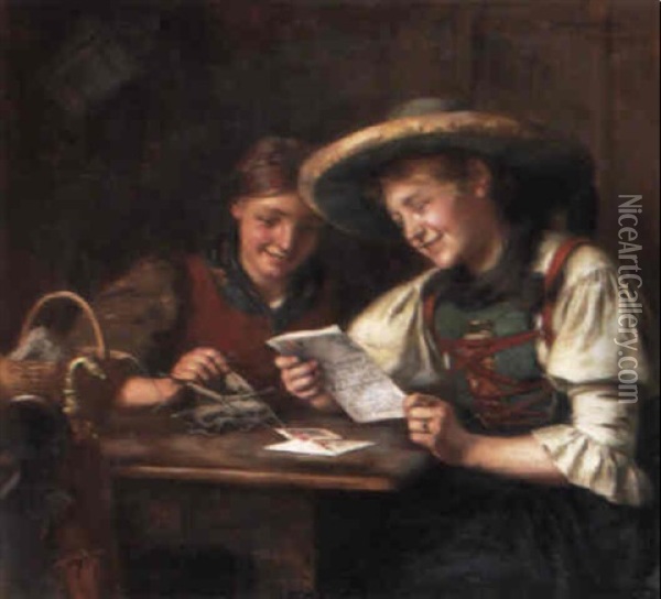 Liebste Rosa (zwei Bauernmadchen In Tracht Lesen Ein Liebesbrief) Oil Painting - Emma (Edle von Seehof) Mueller