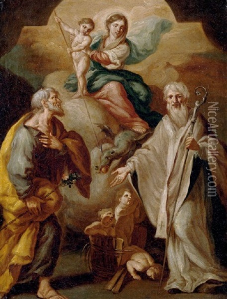 Madonna Mit Dem Die Schlange Totenden Kind Zwischen Den Hl. Joseph Und Nikolaus Von Bari Oil Painting - Domenico Antonio Vaccaro